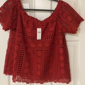 Sunday in Brooklyn off the shoulder crimson lace top.